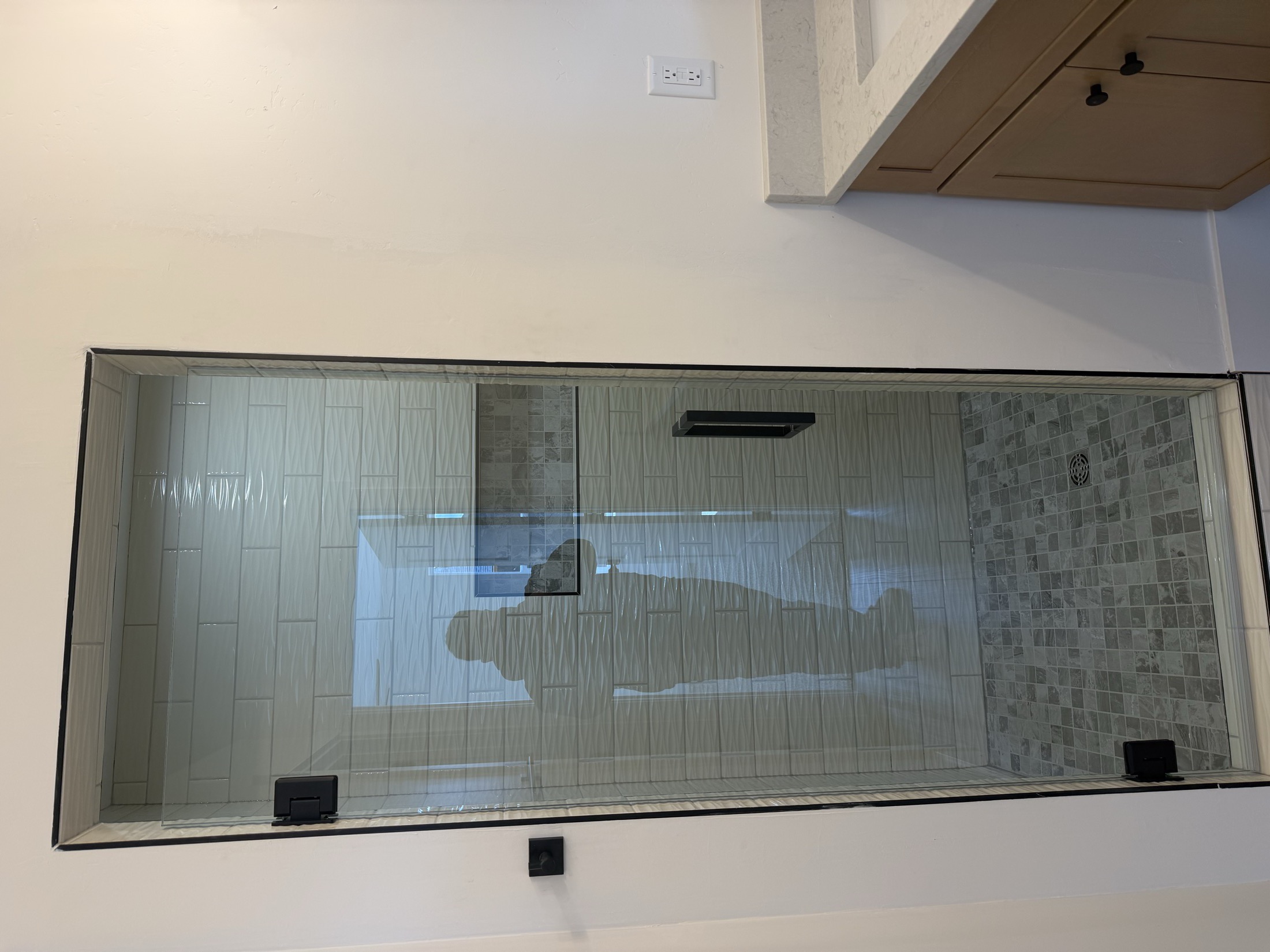 Custom shower with full glass surround and subway tile interior